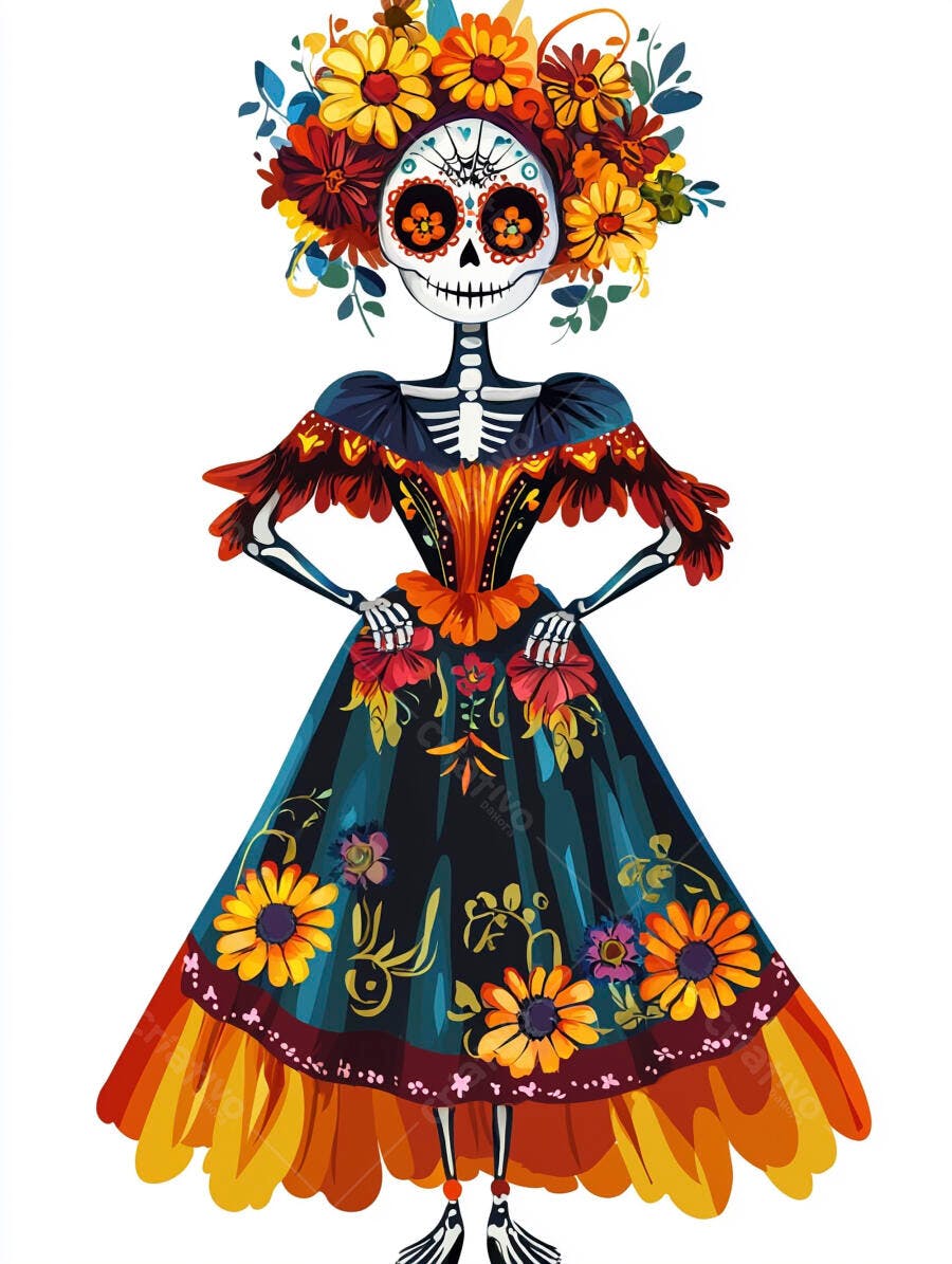 Calavera Catrina mulher esqueleto com vestido floral colorido e arranjo de cabelo Dia dos Mortos