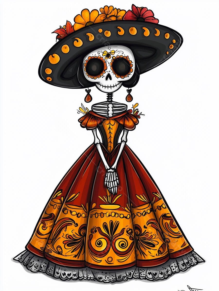 Catrina elegante com chapéu florido e vestido vermelho laranja para Dia dos Mortos