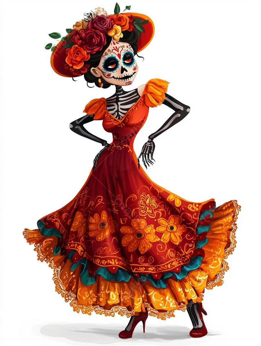 Catrina elegante em vestido vermelho e laranja com flores mexicanas