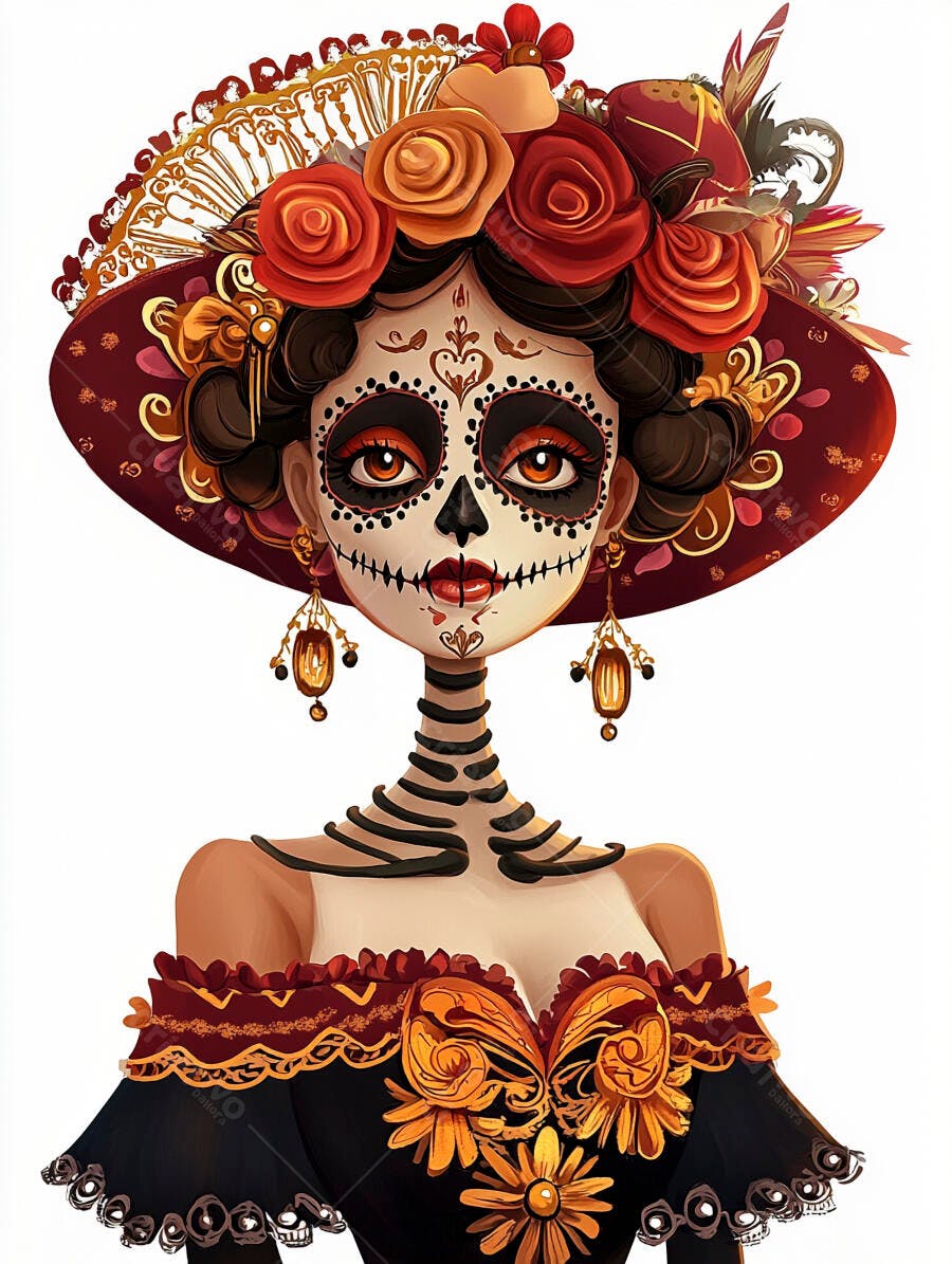 Mulher Catrina mexicana maquiagem facial de caveira e chapéu com rosas coloridas