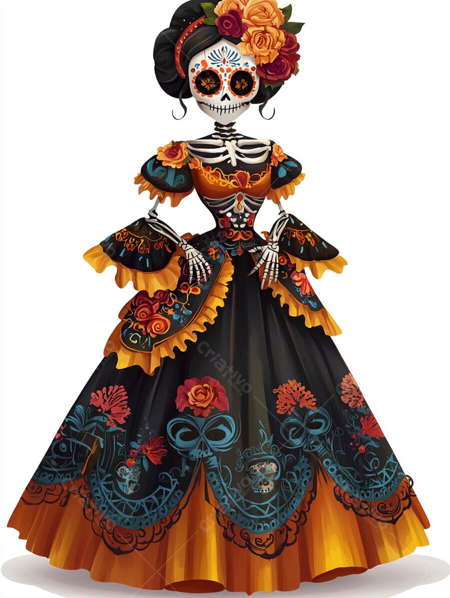 Calavera Catrina vestida com flores e cores vibrantes do Dia dos Mortos