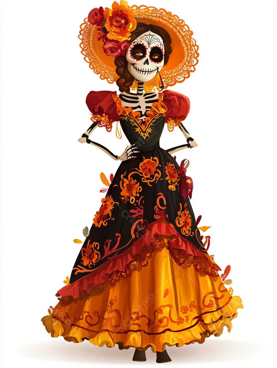 Catrina esqueleto mexicana em vestido preto e laranja festivo do Dia dos Mortos