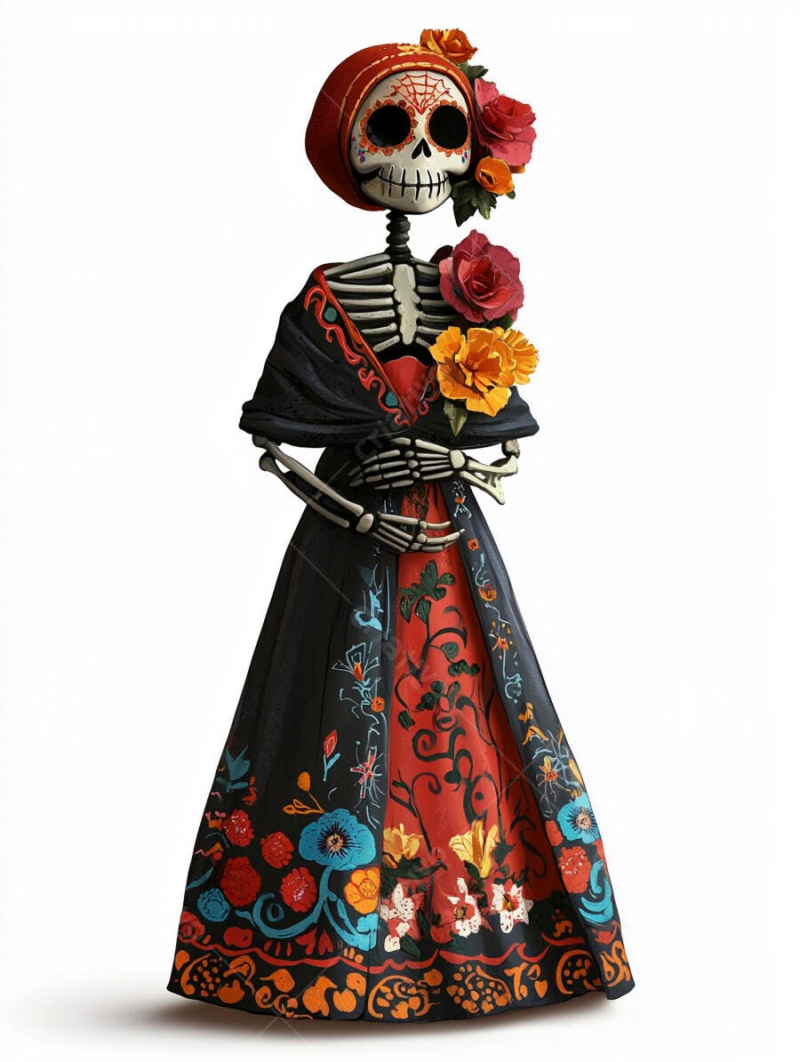 Calavera Catrina mexicana com vestido floral vibrante e enfeites de cabeça