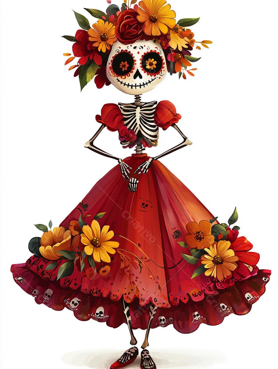 Catrina mexicana com vestido vermelho vibrante e coroa de flores