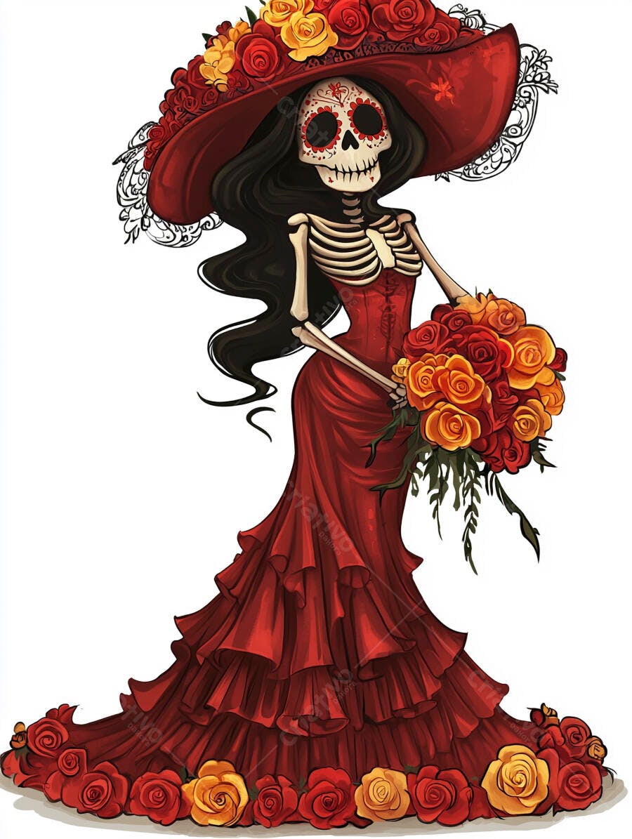 Catrina colorida esqueleto mulher elegante vestido vermelho e chapéu com rosas