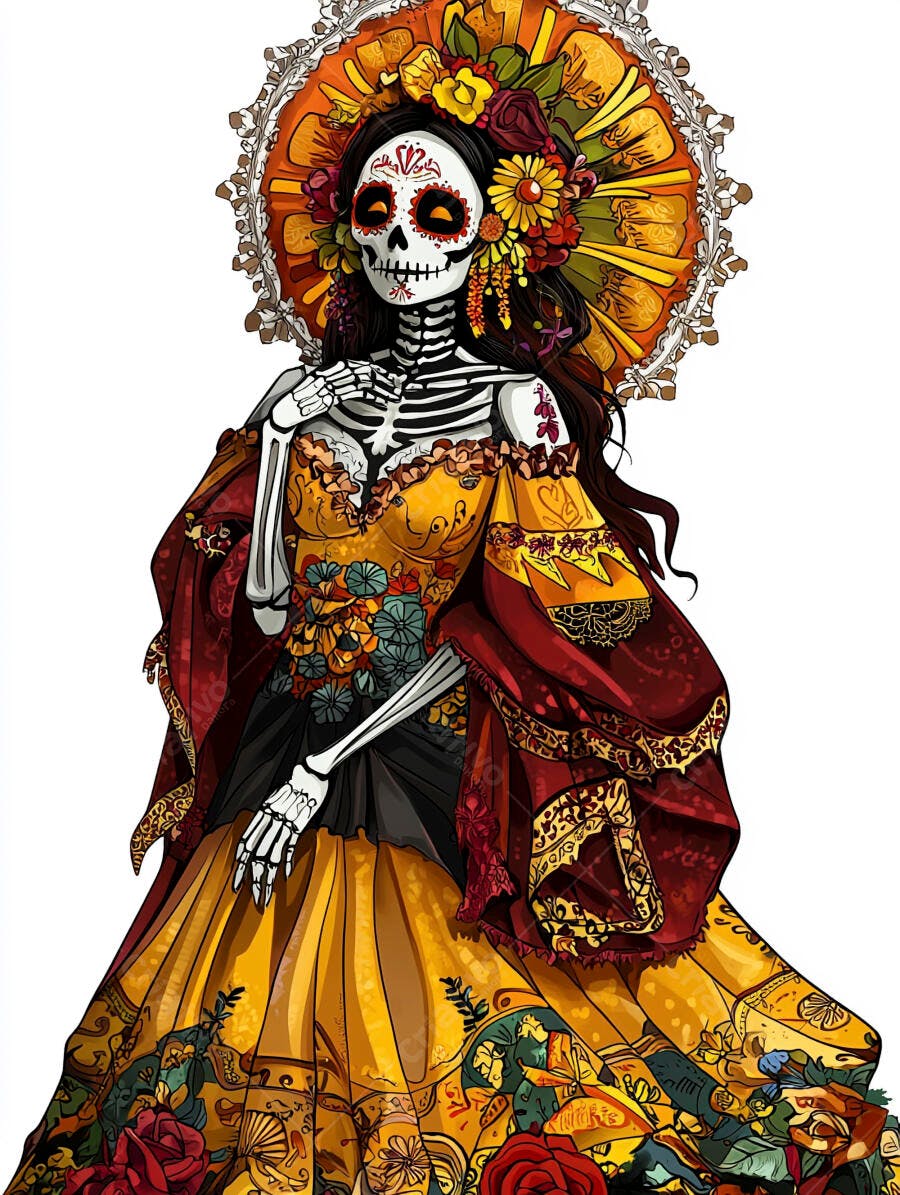 Calavera Catrina elegante com vestido floral amarelo e vermelho para o Dia de Muertos