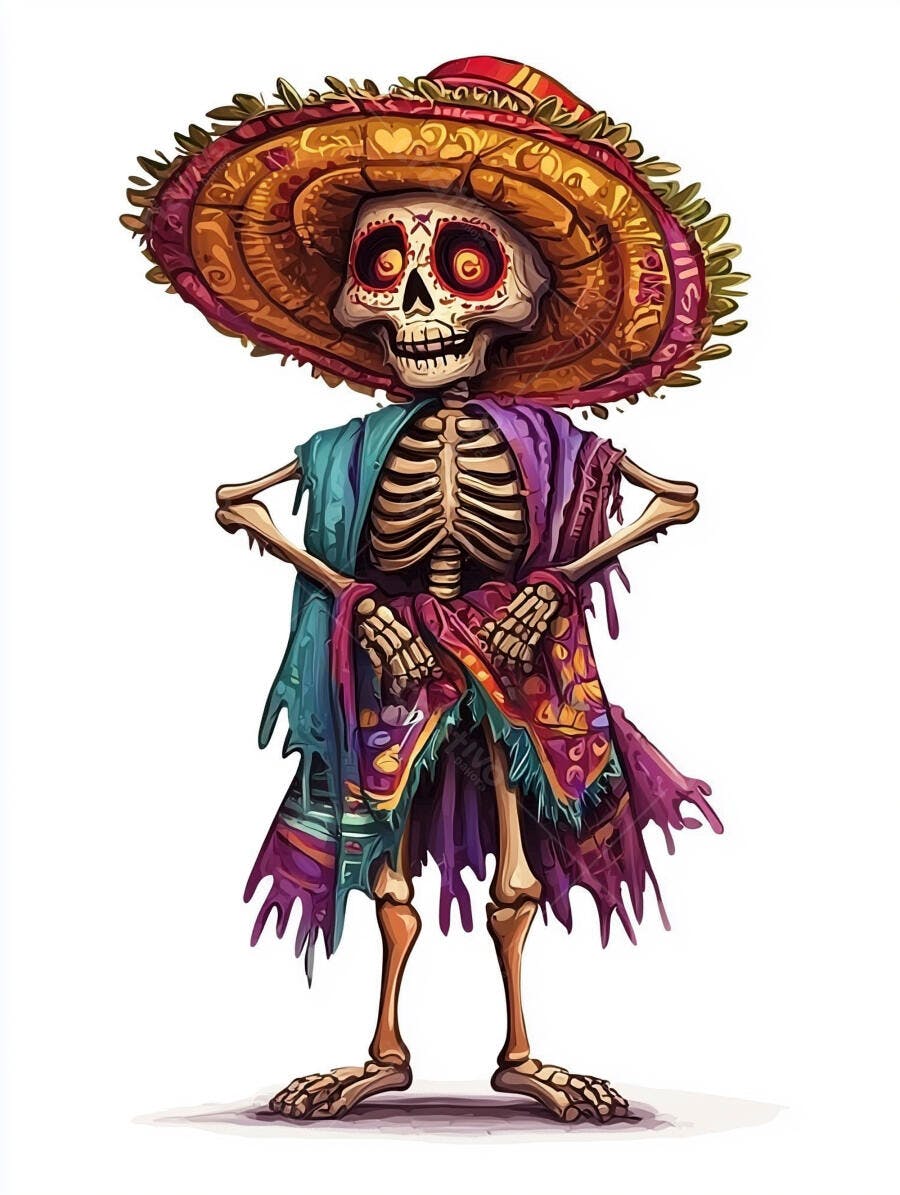 Esqueleto Catrina mexicana com sombrero e poncho colorido ilustracao Dia dos Mortos festivo