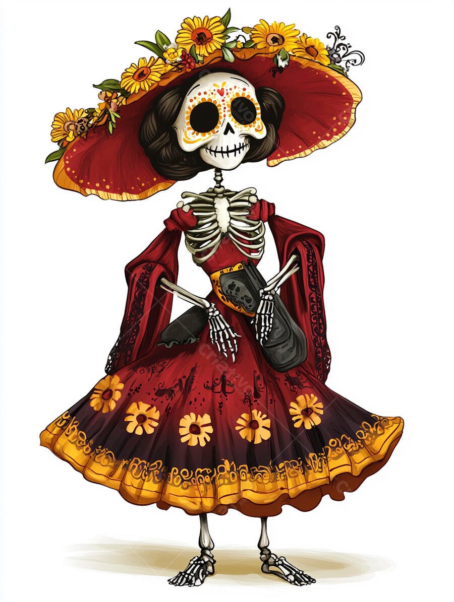 Catrina elegante com vestido vermelho dourado e chapéu de girassóis para Dia dos Mortos
