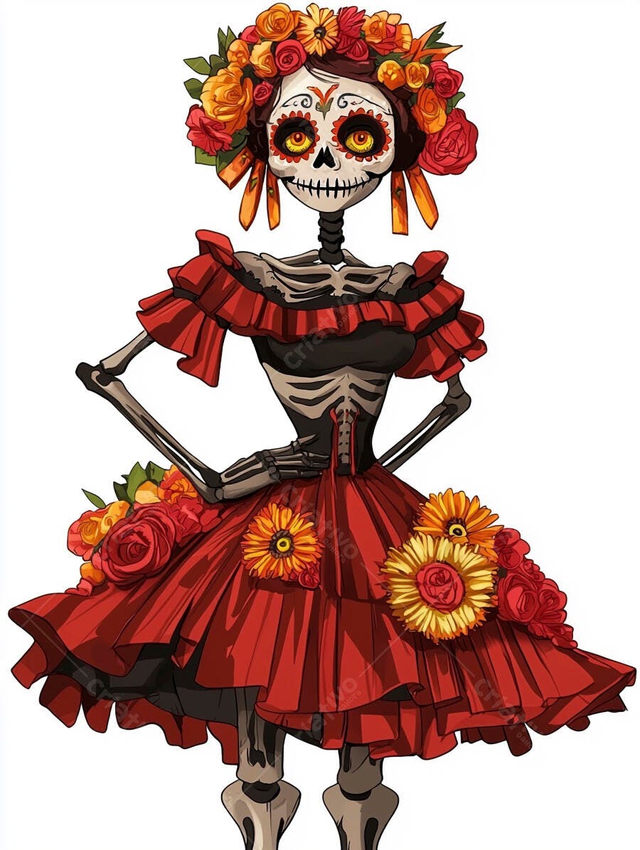 Catrina esqueleto com vestido vermelho e coroa de flores coloridas do Dia de los Muertos