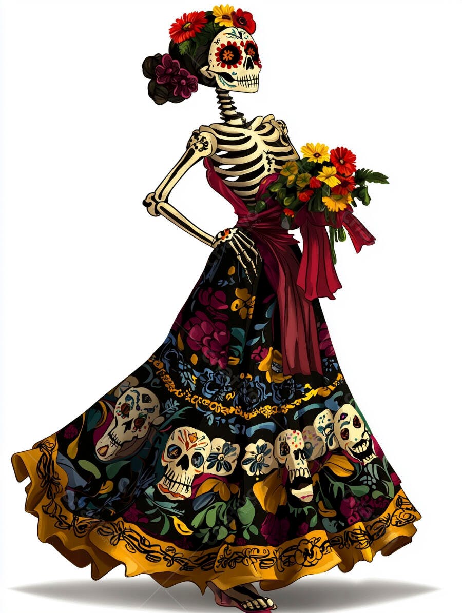 Catrina esqueleto feminino com vestido floral e buquê Dia dos Mortos celebração