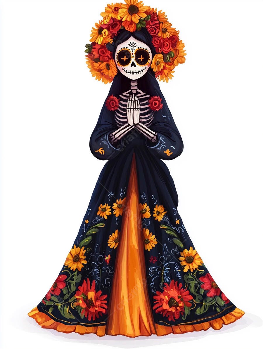 Calavera Catrina mulher esqueleto com coroa de flores e vestido floral para Dia de Muertos