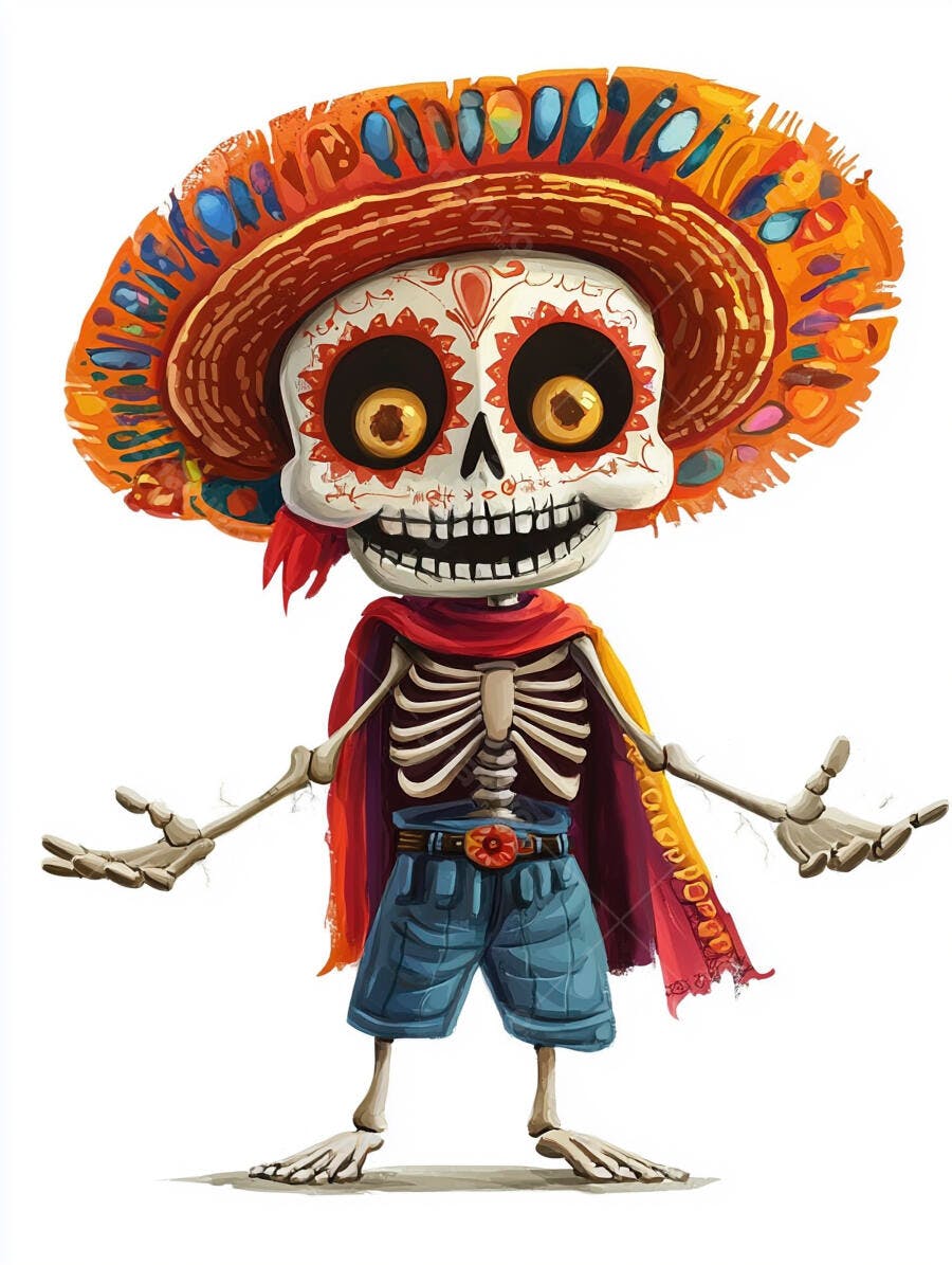 Esqueleto alegre com sombrero mexicano vibrante e capa colorida Dia dos Mortos