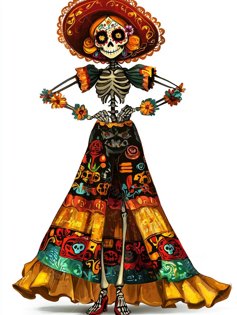 Catrina esqueleto com chapéu vermelho e vestido colorido celebração Dia dos Mortos