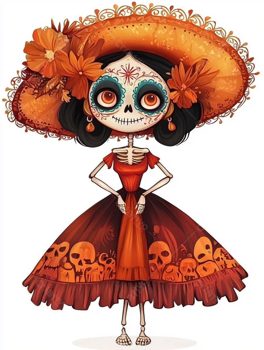Calavera Catrina mexicana com chapéu laranja florido e vestido de caveiras para Dia dos Mortos