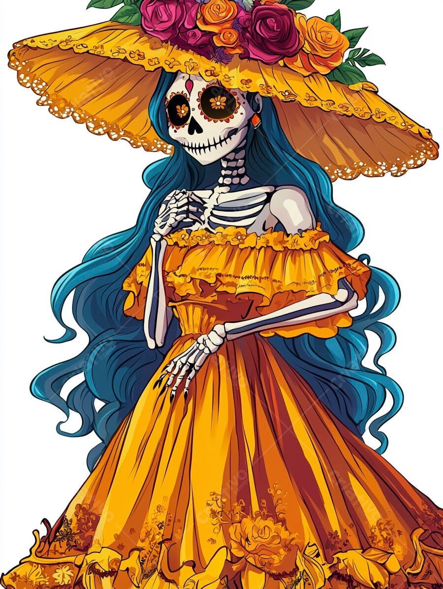 Calavera Catrina vibrante com vestido laranja cabelo azul e chapéu florido Dia dos Mortos