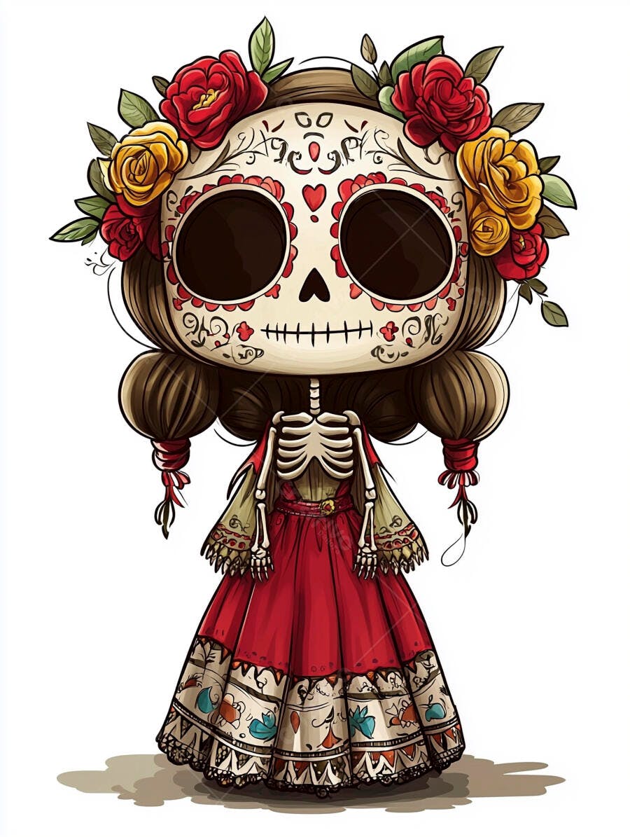Calavera Catrina estilizada com vestido vermelho e coroa de flores coloridas