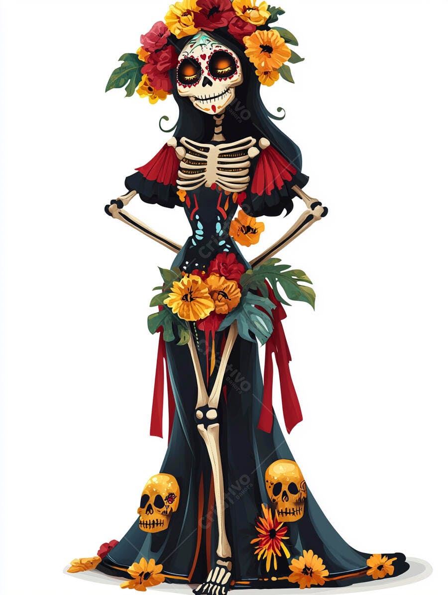 Catrina esqueleto decorada com flores coloridas vestido preto Dia dos Mortos
