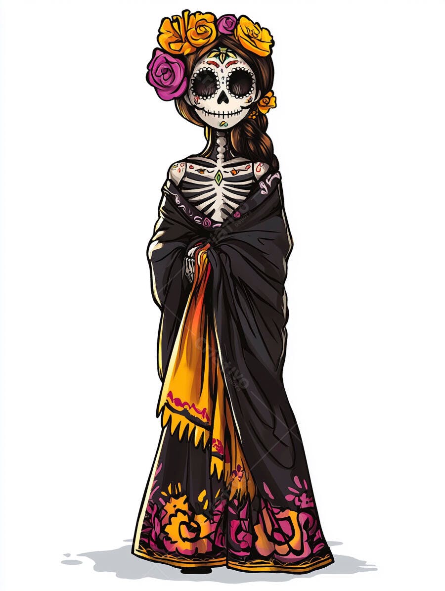 Mulher Catrina esqueleto com vestido preto decorado e flores coloridas celebrando Dia dos Mortos