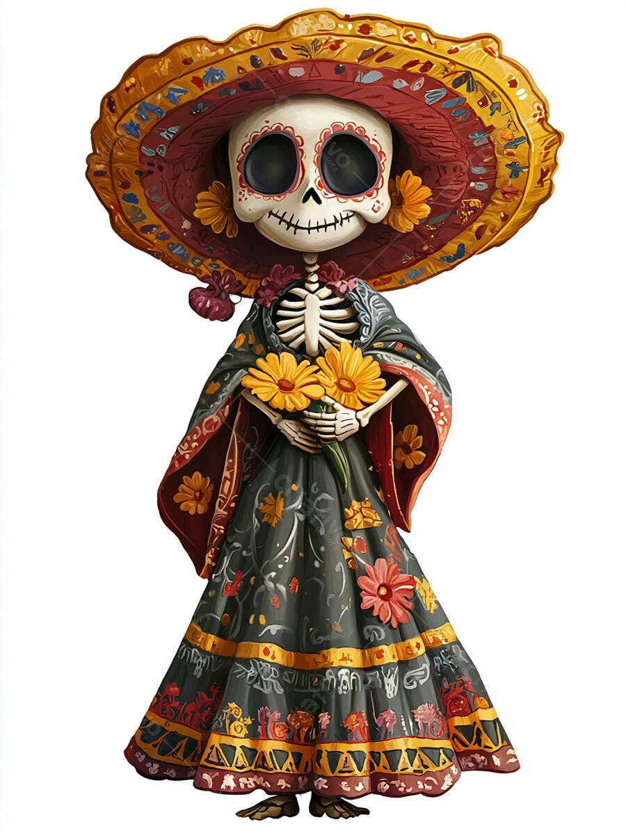 Calavera Catrina esqueleto feminino vestido tradicional e chapéu Dia dos Mortos