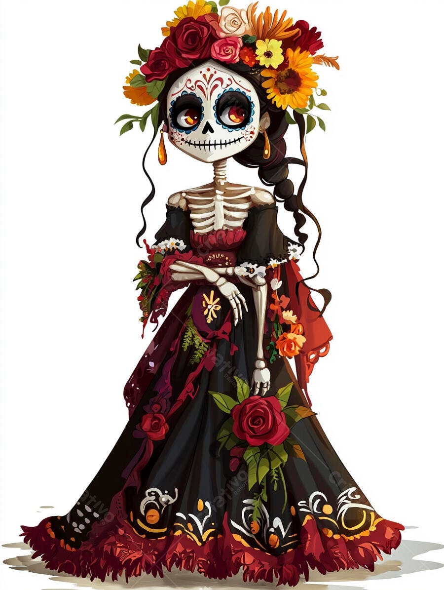 Calavera Catrina esqueleto feminino com vestido floral Dia dos Mortos