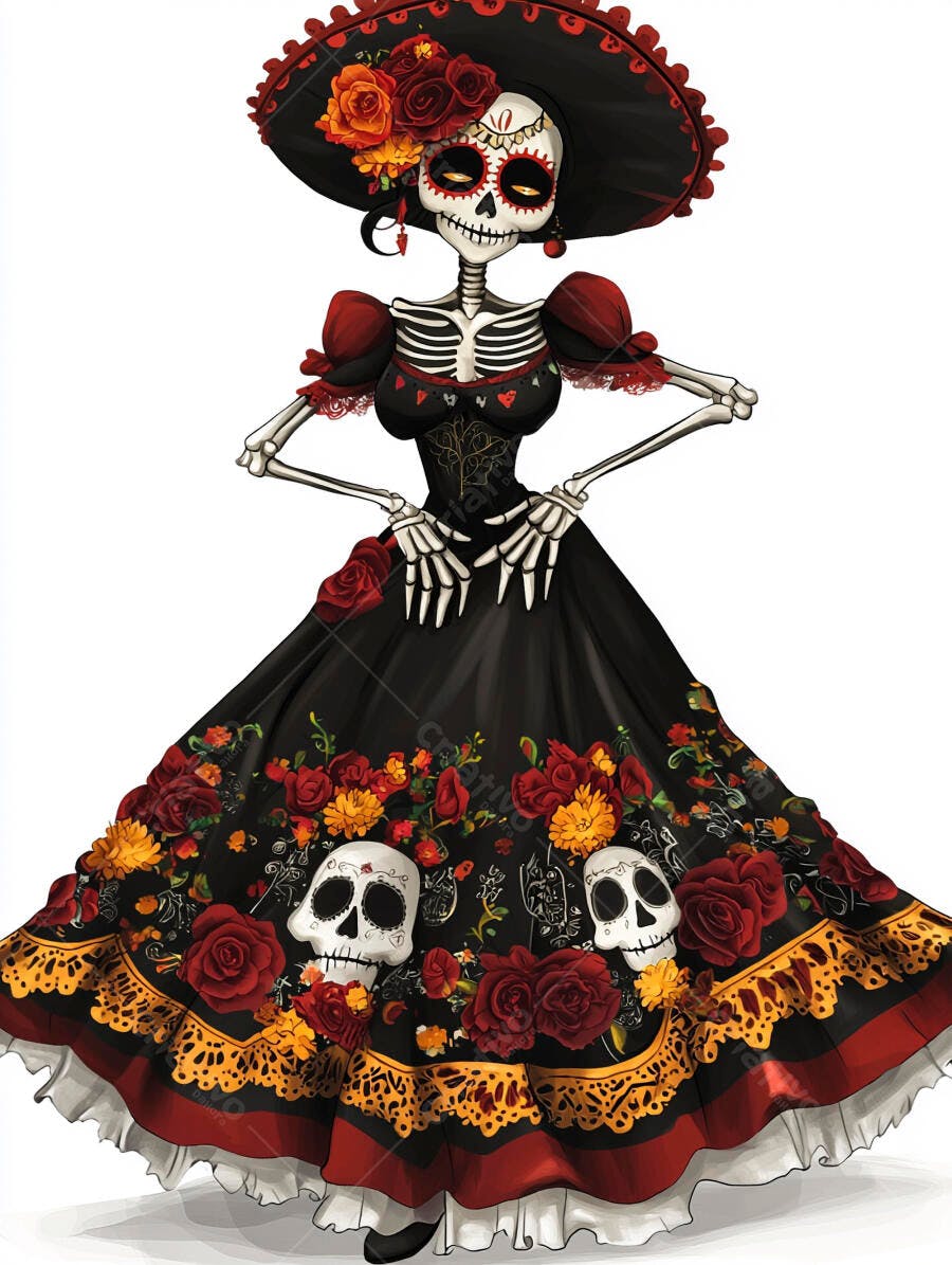 Catrina esqueleto com vestido preto e flores vibrantes para Dia de Muertos celebração
