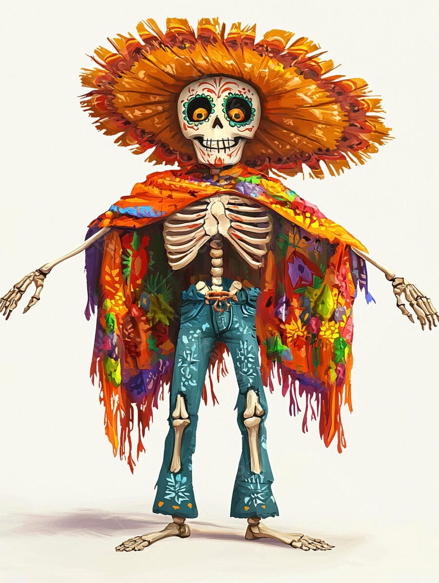 Calavera mexicana vibrante com chapéu e poncho colorido Dia dos Mortos