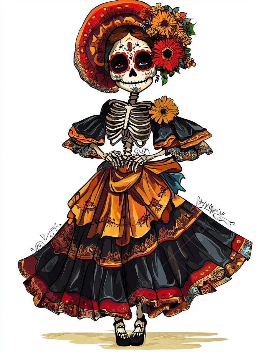 Catrina com vestido tradicional e chapéu de flores para o Dia dos Mortos