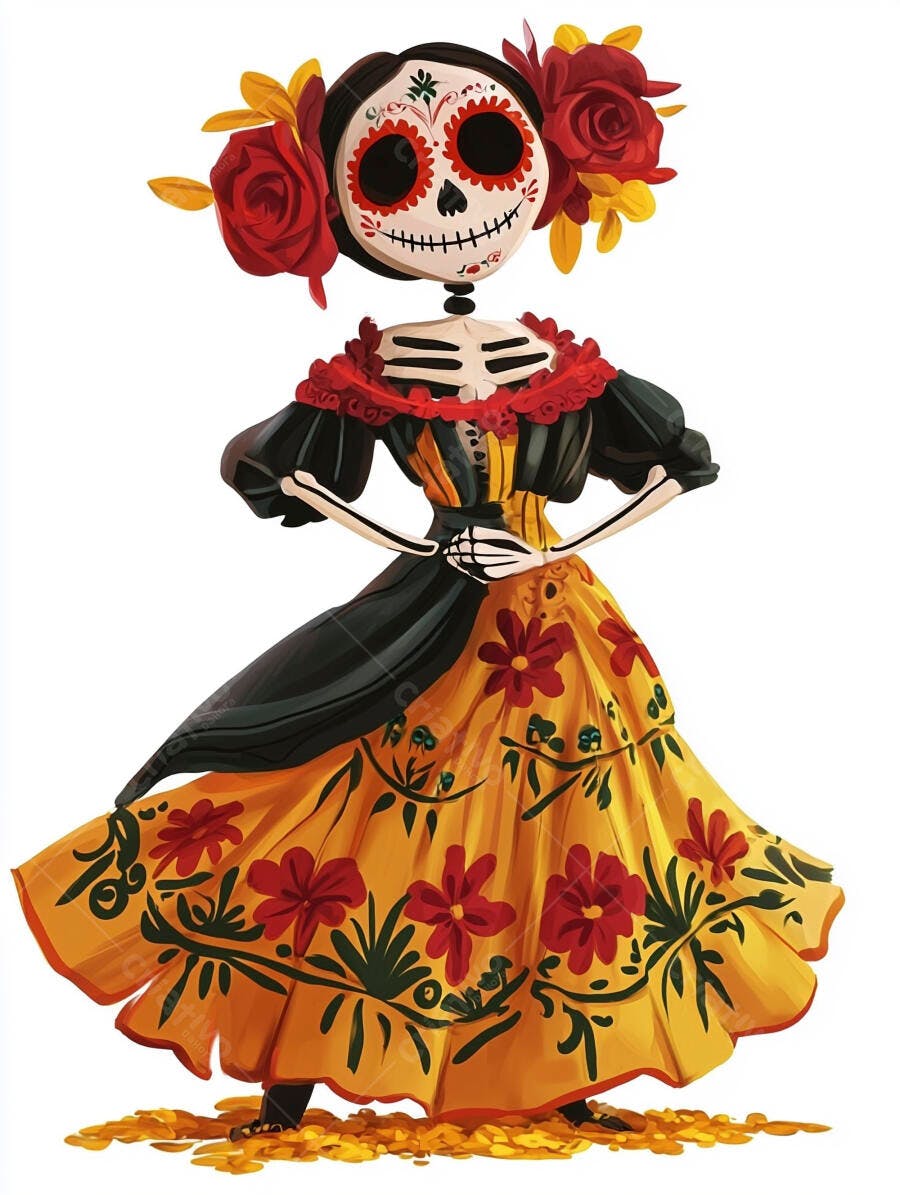 Calavera Catrina colorida em vestido floral celebrando Dia de Muertos