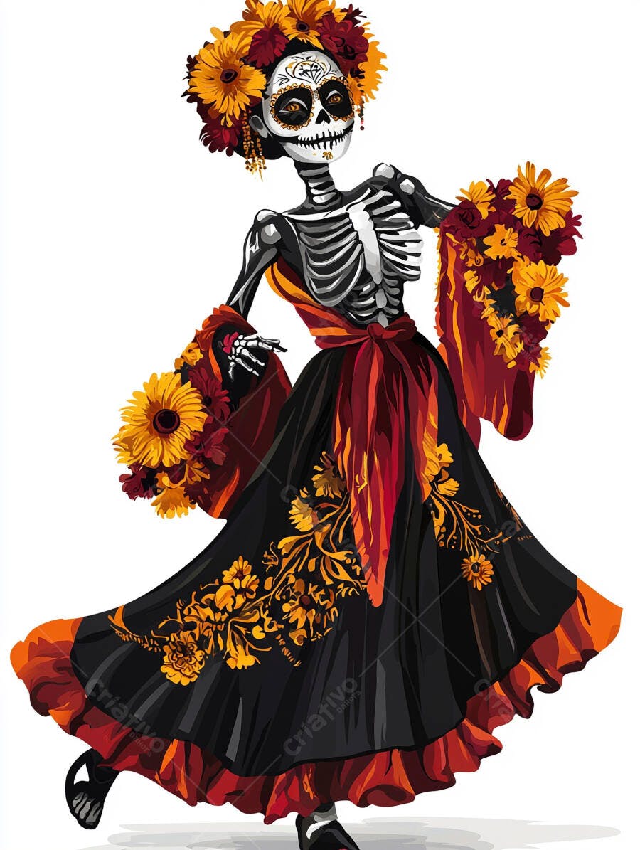 Calavera Catrina esqueleto com vestido floral colorido celebrando Dia de Muertos