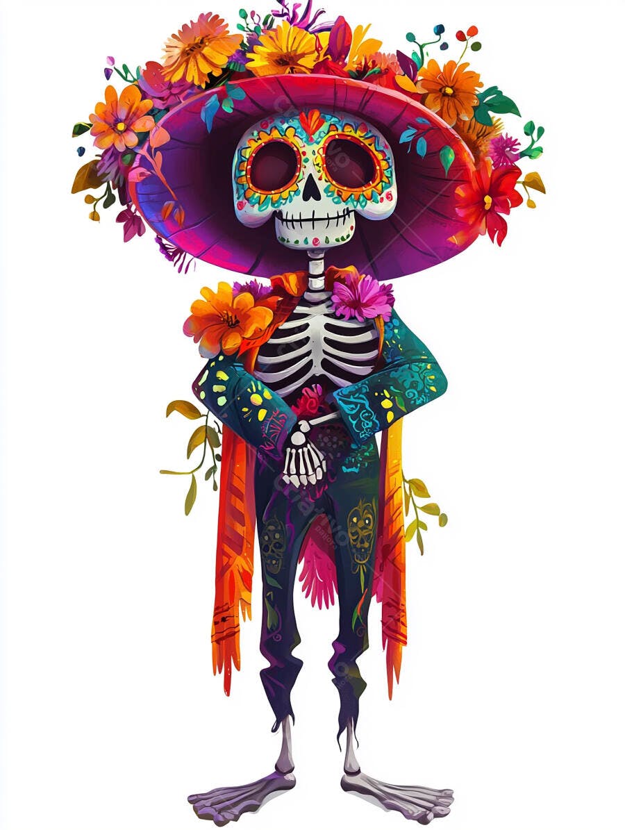 Calavera Catrina colorida com chapéu floral vibrante celebra Dia de Muertos