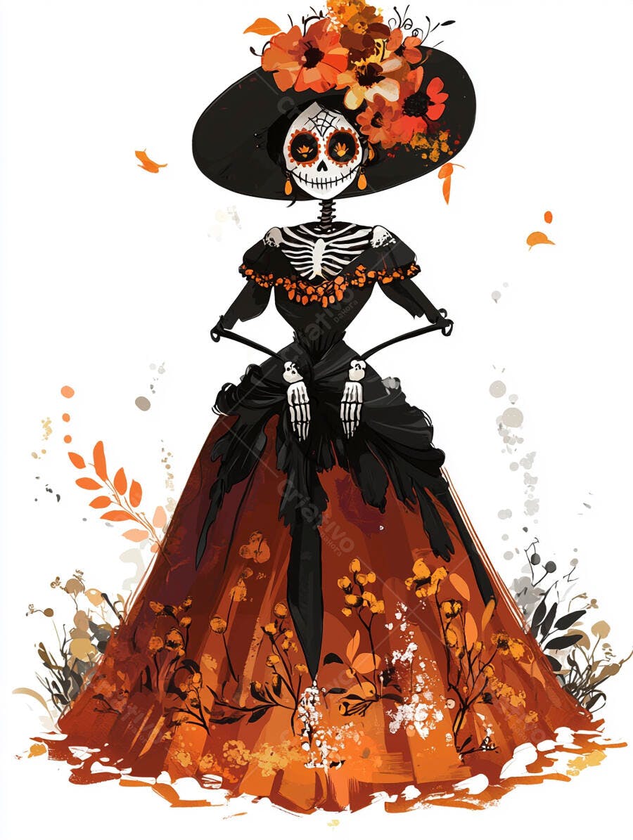 Calavera Catrina em vestido preto e laranja com chapéu florido para Dia dos Mortos