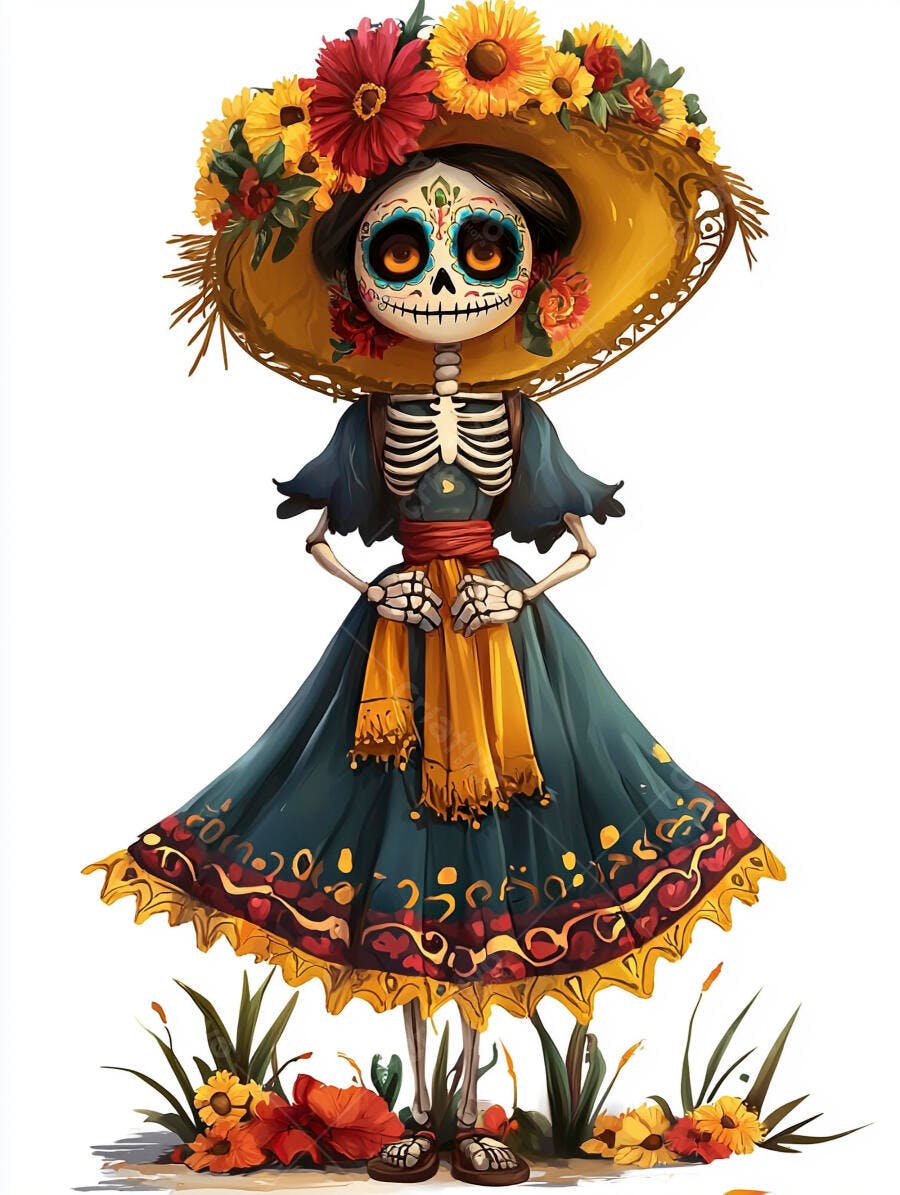 Esqueleta Catrina com chapéu floral e vestido azul Dia dos Mortos