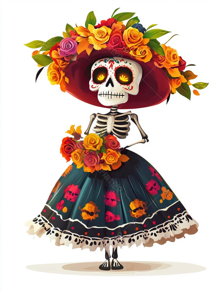Calavera Catrina vestida com flores e chapéu vermelho para Dia dos Mortos
