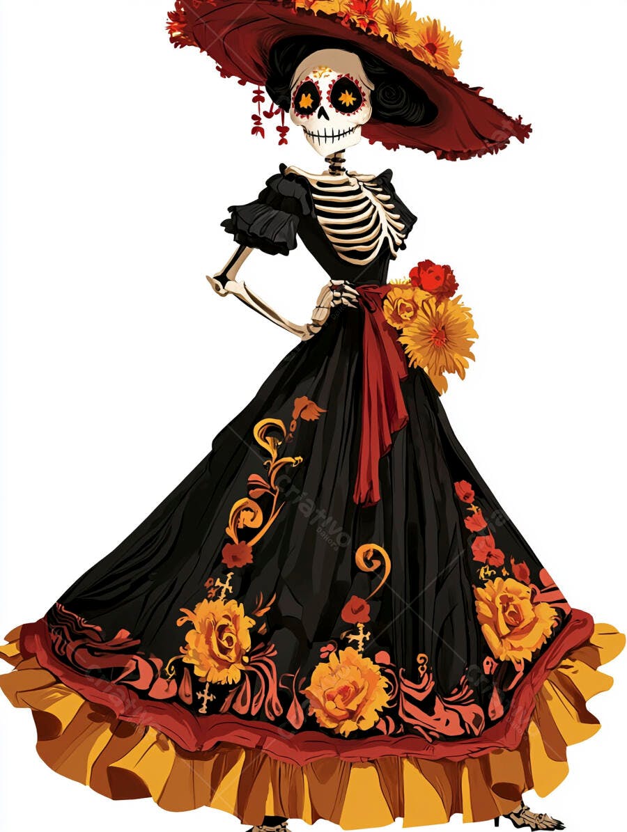 Catrina elegante vestida de preto e vermelho com flores amarelas celebração Dia dos Mortos