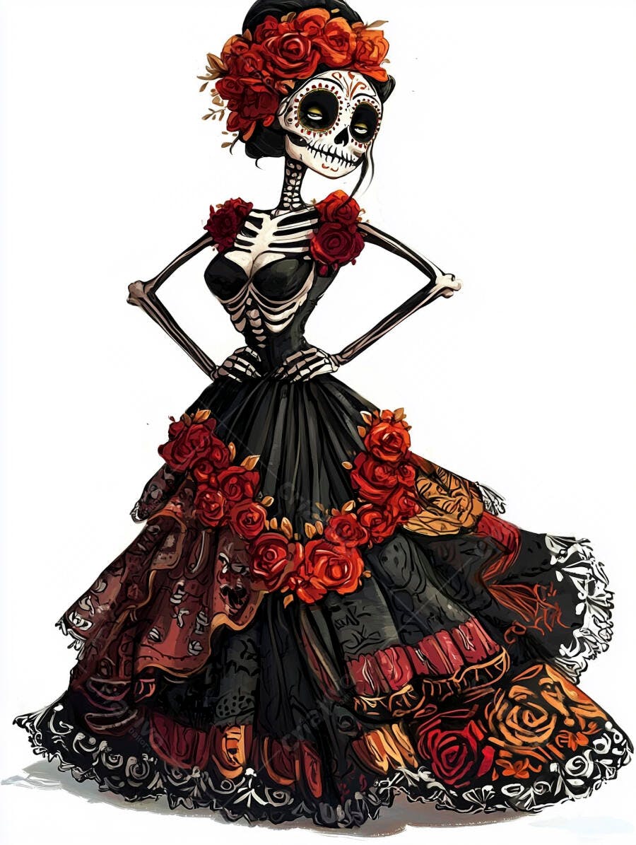 Esqueleto feminino Catrina de vestido preto e rosas vermelhas Dia de los Muertos