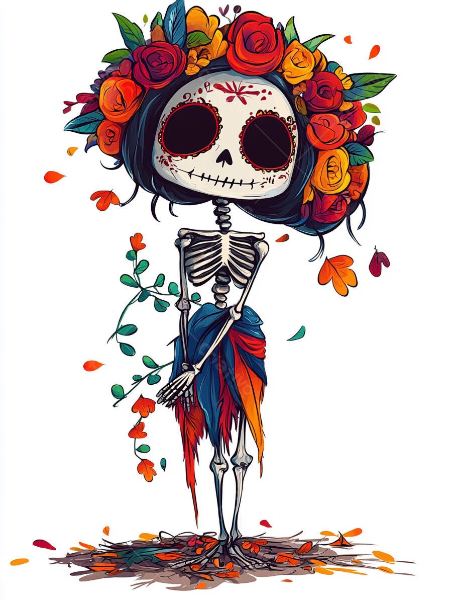 Calavera Catrina colorida com coroa de flores e saia vibrante