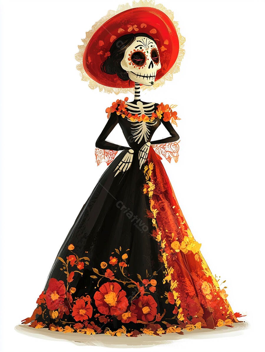 Catrina esqueleto festiva com chapéu vermelho e vestido floral Dia dos Mortos