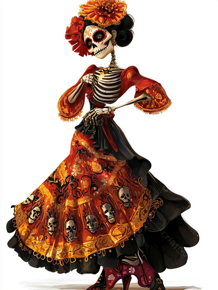 Catrina elegante em traje festivo mexicano com flores coloridas