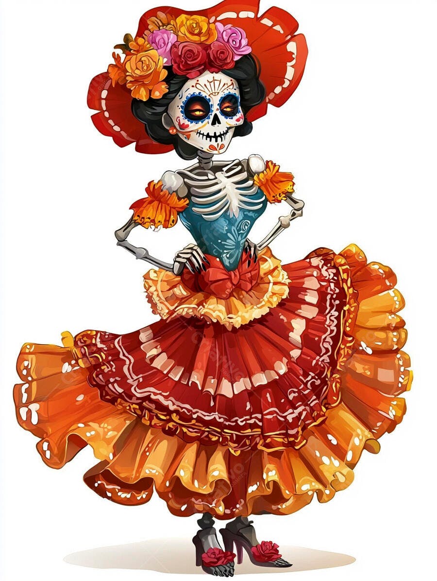 Catrina esqueleto festiva com vestido vermelho e laranja celebra Dia de los Muertos