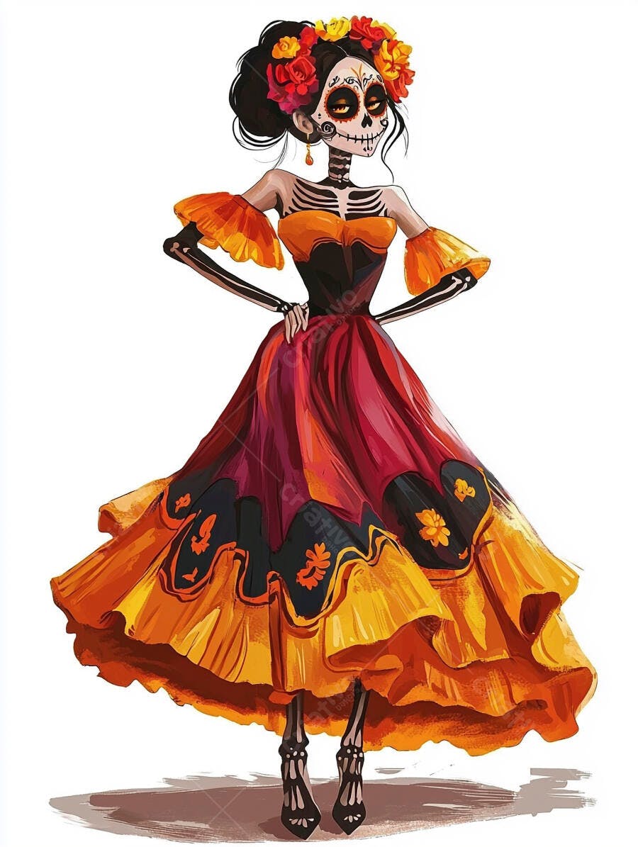 Catrina mexicana em vestido vibrante vermelho laranja para Dia de Los Muertos celebração