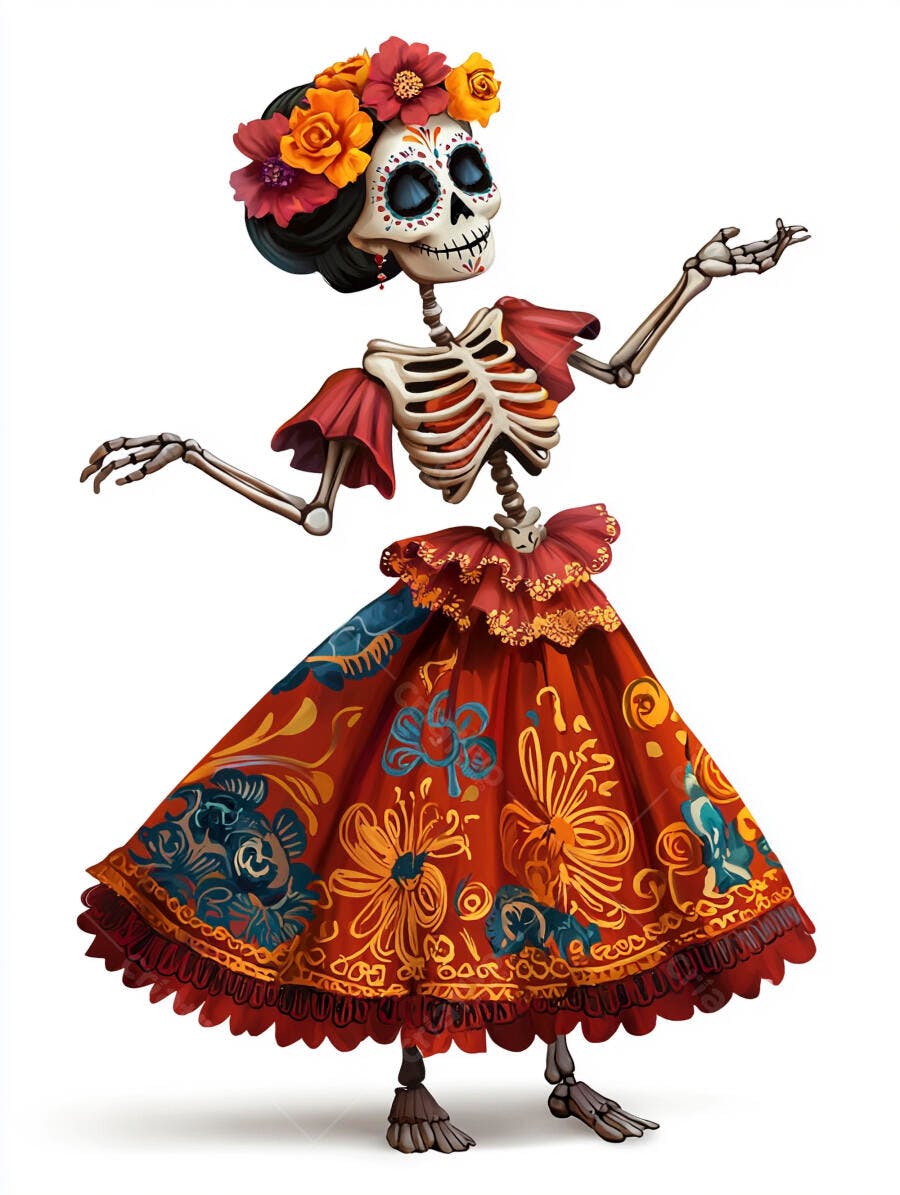 Calavera Catrina sorridente com vestido floral colorido e coroa de flores dançando