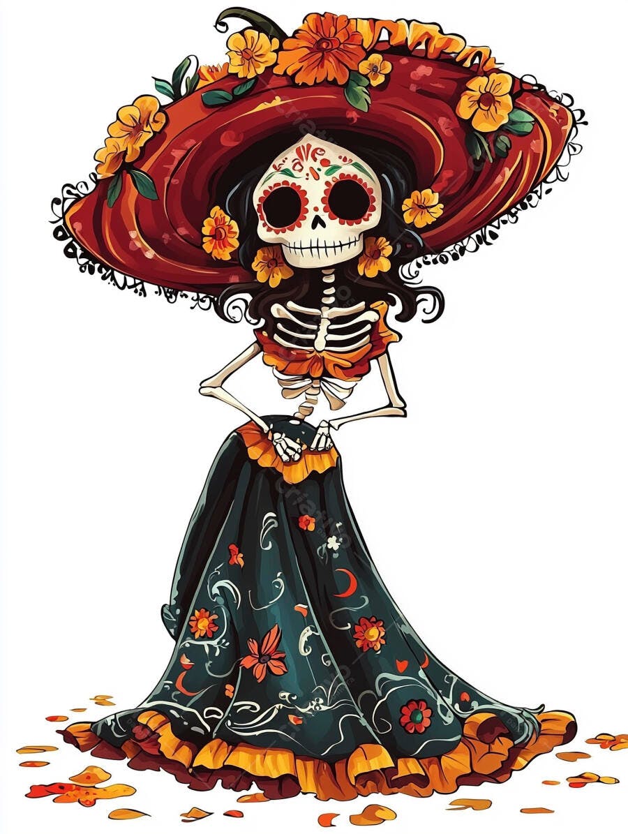 Catrina esqueleto feminina com chapéu vermelho floral e vestido escuro Dia de los Muertos