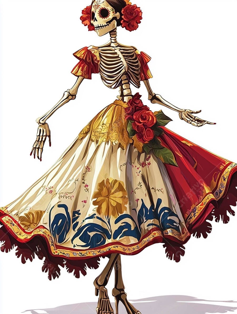 Mulher esqueleto Catrina dançando com vestido floral vibrante e rosas vermelhas