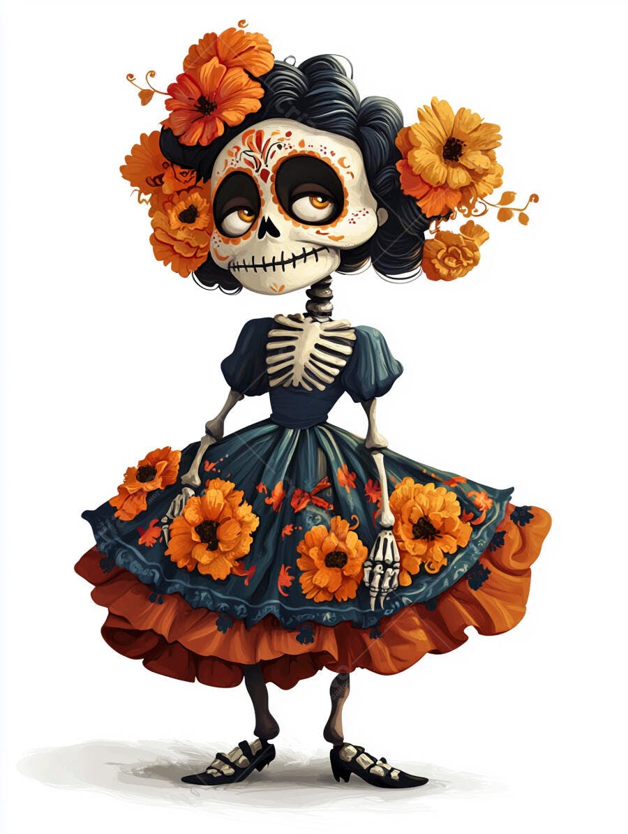 Catrina esqueleto com flores de calêndula e vestido azul para Dia de Muertos