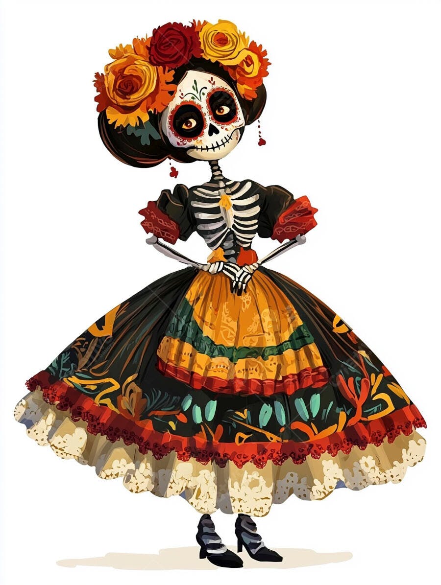 Mulher esqueleto Catrina alegre vestindo vestido vibrante e maquiagem floral Dia dos Mortos