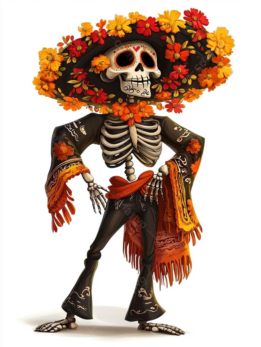 Esqueleto Catrina com chapéu florido e roupas tradicionais do Dia dos Mortos