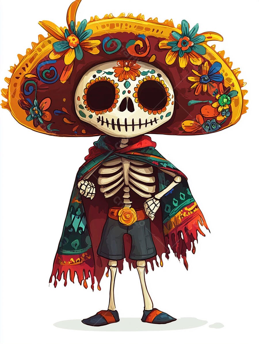 Esqueleto mexicano com sombrero florido para celebração do Dia dos Mortos