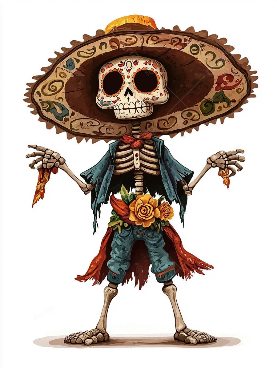 Esqueleto festivo com sombrero e flores coloridas Dia de los Muertos