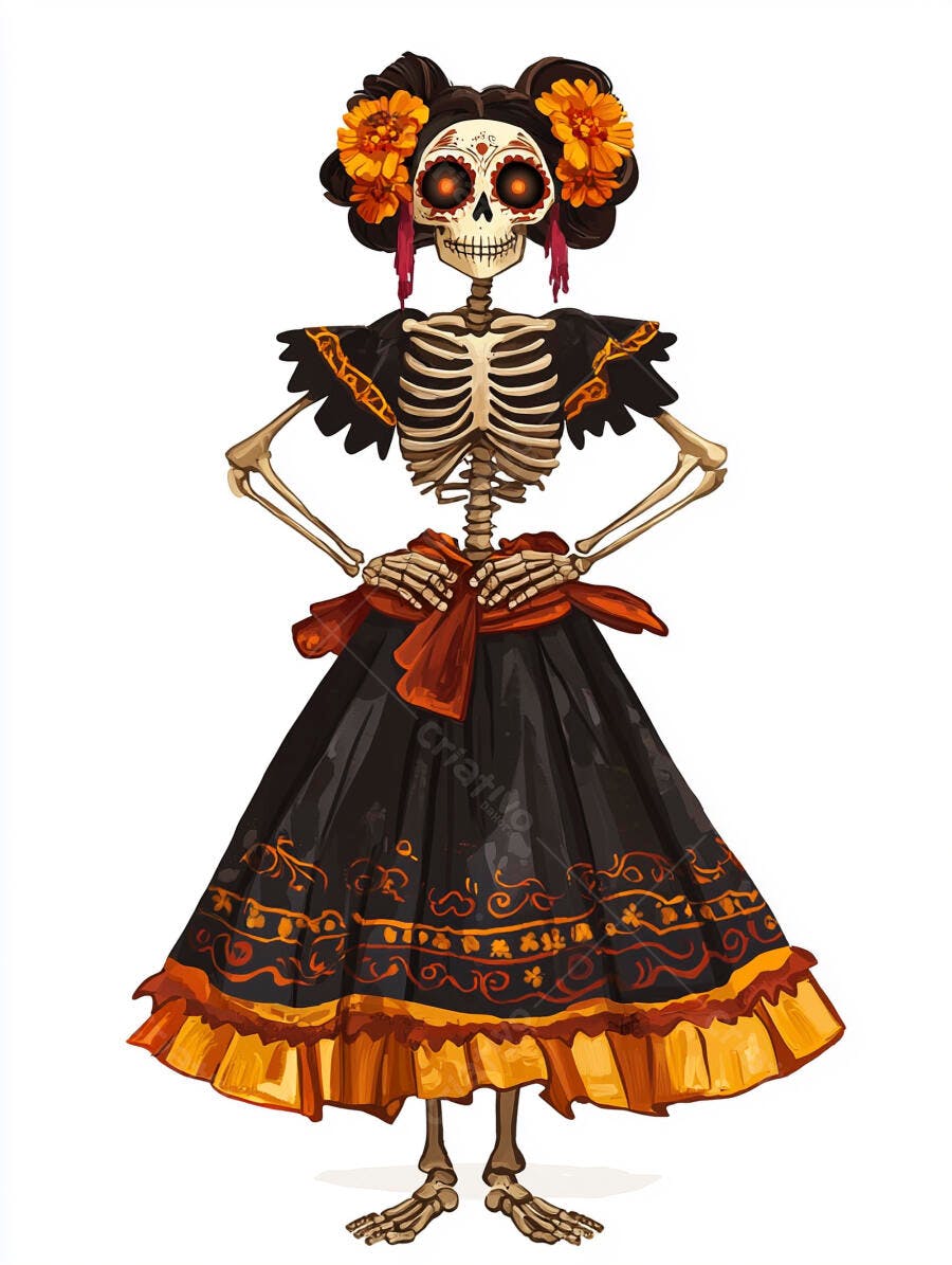 Mulher esqueleto Catrina com vestido preto laranja e flores para Dia dos Mortos