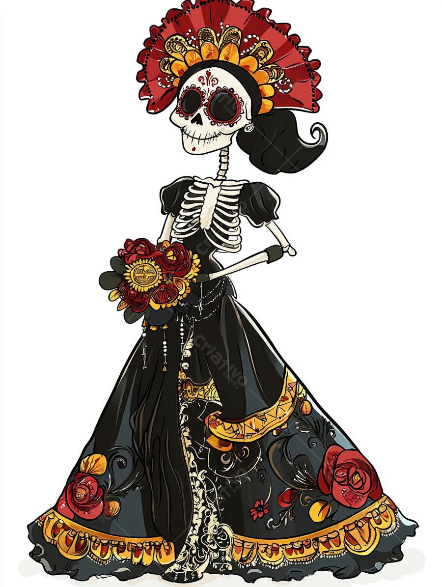 Calavera Catrina vibrante vestindo vestido preto com flores e leque vermelho